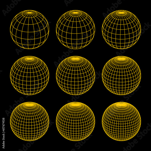 Globe grid spheres. Striped 3D spheres, geometry globe grid, earth latitude and longitude line grid vector symbol set. Spherical grid globe shapes. Illustration globe striped, global geography surface