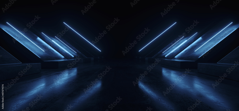 Obraz premium Futuristic Sci Fi Cyber Modern Neon Laser Electric Blue Lights Barn Garage Parking Tunnel Corridor Underground Asphalt Concrete Warehouse Room 3D Rendering