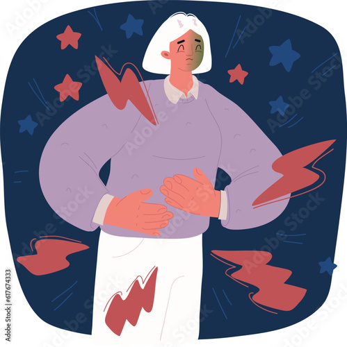 Young guy feeling stomack pain. Cartoon design icon. Flat vector illustration. Isolated on white background.