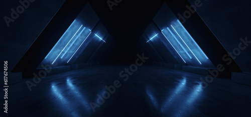Fototapeta Naklejka Na Ścianę i Meble -  Futuristic Sci Fi Cyber Modern Neon Laser Electric Blue Lights Garage Parking Tunnel Corridor Underground Asphalt Concrete Warehouse Room 3D Rendering
