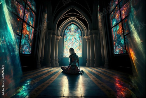 portrait of a inspired zen woman in neofuturist church lights falls through stained glass unto a floor beautiful patterns sacred space detailled hyperrealistic 