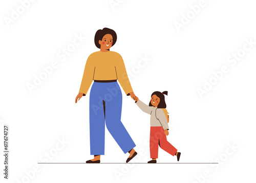 Mother leads her daughter to school. Woman and small girl hold hands and go together to classes. Elementary education concept. Vector illustration