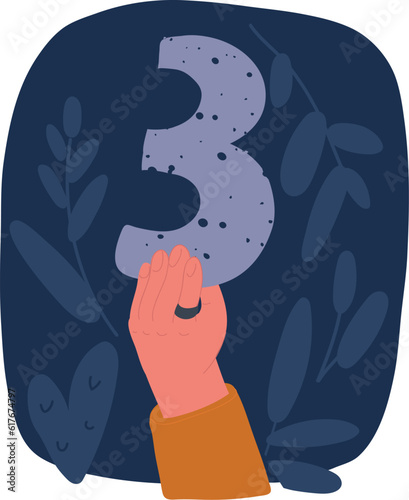 Cartoon vector illustration of Score card 3. Number table. Digit rating on a scorecard. Human hand holding score card. Black scorecards. Juries assessment on competition. Judges hold score.