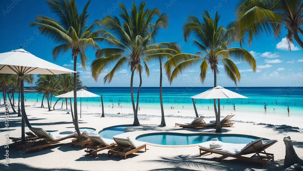 Beautiful tropical beach with palm trees and sunbeds.