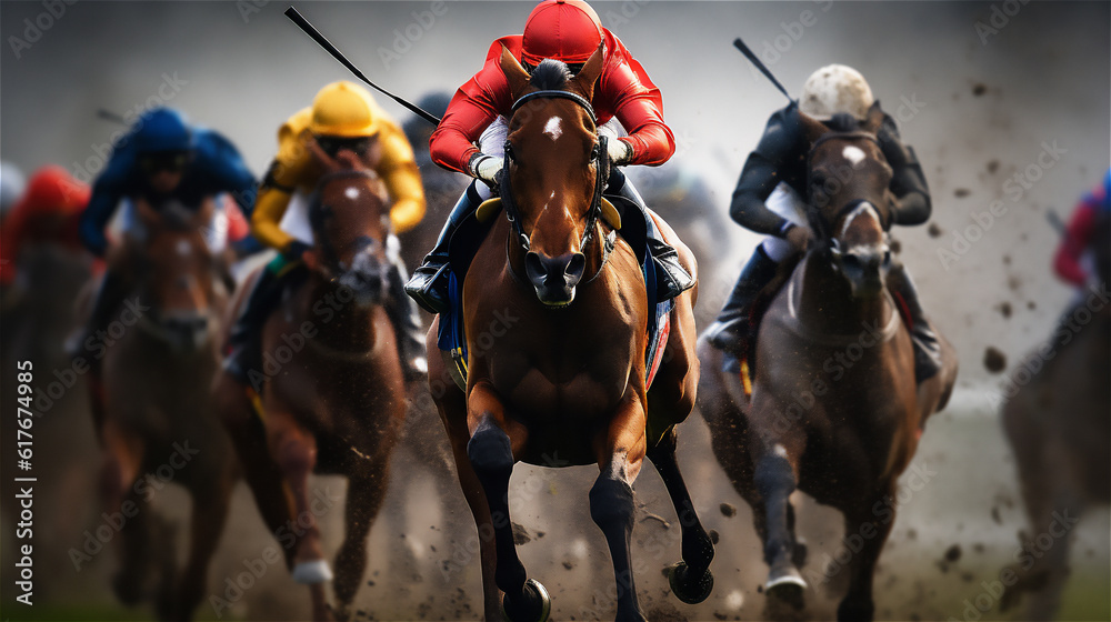 Horse Racing close up Photo. Sports, Horse racers. Ai generative.