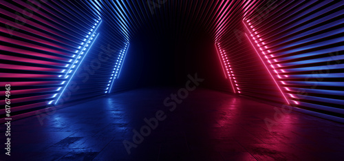 Fototapeta Naklejka Na Ścianę i Meble -  Futuristic Sci Fi Cyber Modern Neon Laser Blue Red Beams Lights Metal Stripe Glossy Barn Garage Parking Studio Showroom Tunnel Corridor Underground Concrete Warehouse Room 3D Rendering