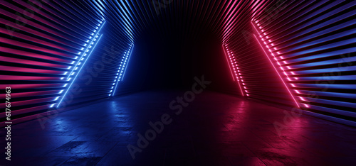 Futuristic Sci Fi Cyber Modern Neon Laser Blue Red Beams Lights Metal Stripe Glossy Barn Garage Parking Studio Showroom Tunnel Corridor Underground Concrete Warehouse Room 3D Rendering