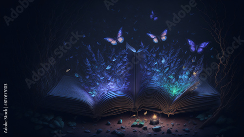 Open book with magic glowing pages and butterflies flying around it.