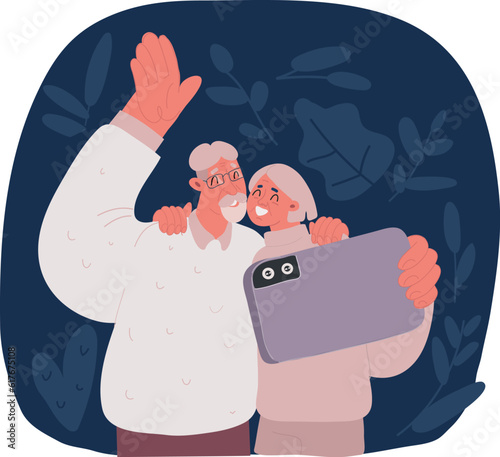Cartoon vector illustration of Old aged family couple man and woman communicating using smart phone listening to music. Elderly people talking, chatting, messaging, gossiping on social network
