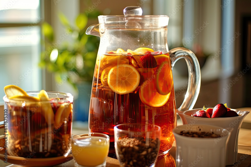 a glass of lemon tea beverage on wooden table, with lemon slices in the bottle, Created with Generative AI technology. a glass of lemon tea beverage on wooden table, with lemon slices in the bottle, Created with Generative AI technology.
