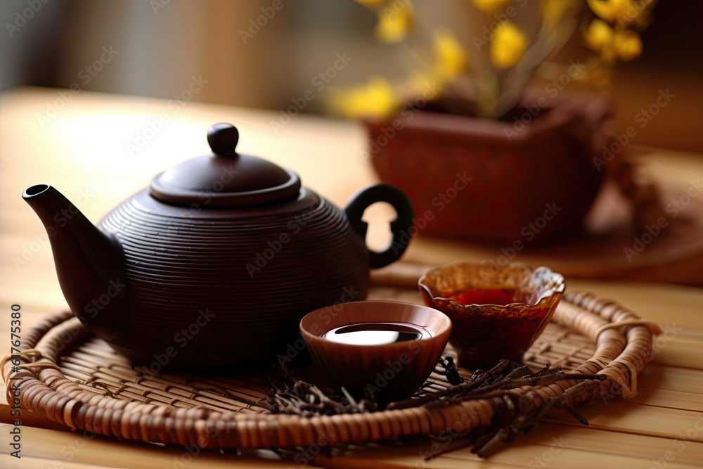 a set of tea set on the table in the tea room, containing teapot, tea cup, tray, Created with Generative AI technology. a set of tea set on the table in the tea room, containing teapot, tea cup, tray, Created with Generative AI technology.