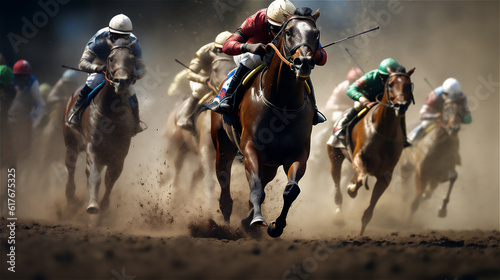 Horse Racing close up Photo. Sports, Horse racers. Ai generative. © Unique Creations