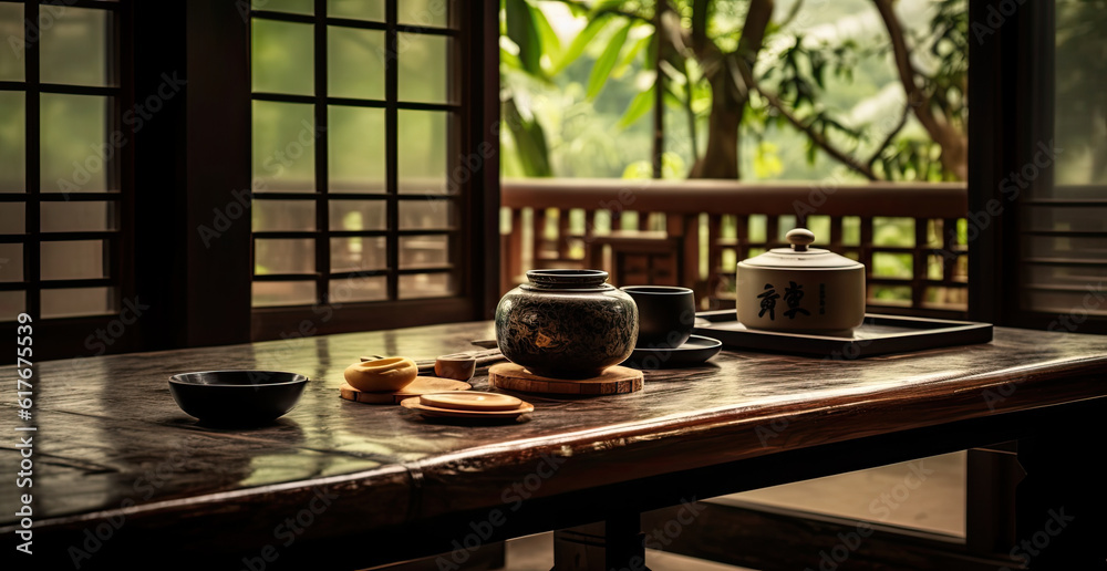 a set of tea set on the table in the tea room, containing teapot, tea cup, tray, Created with Generative AI technology. a set of tea set on the table in the tea room, containing teapot, tea cup, tray, Created with Generative AI technology.