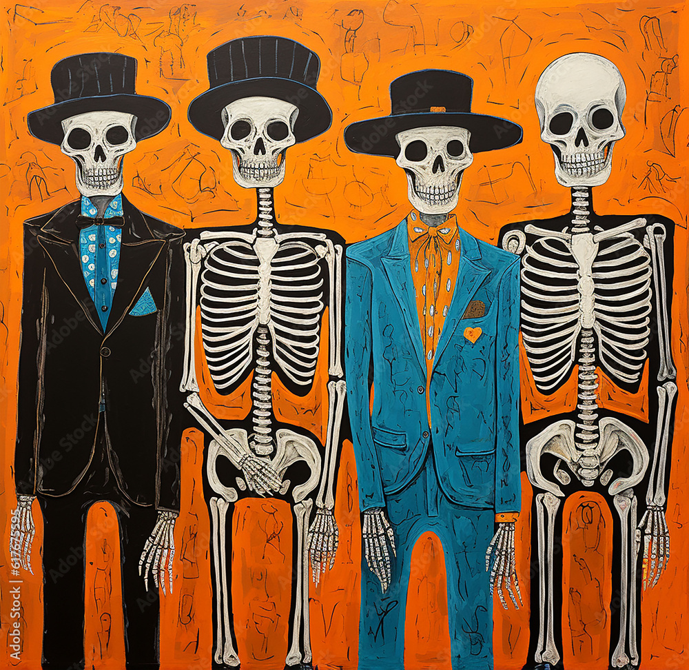 Flat illustration of skeleton with hat and suit on orange background. Halloween. Flat illustration of skeleton with hat and suit on orange background. Halloween.