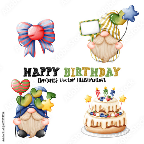Wall Mural Gnomes Happy Birthday Cake Balloons and Bow Colorful Element Watercolor Vector F