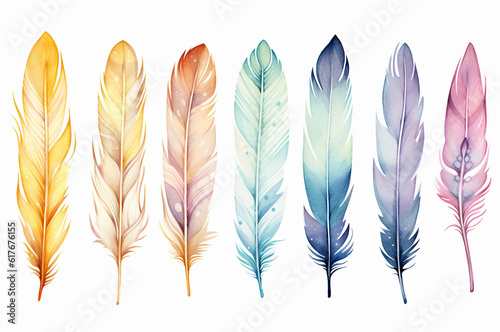 Set of watercolor bird feathers in delicate colors. Generative ai © upssallaaa