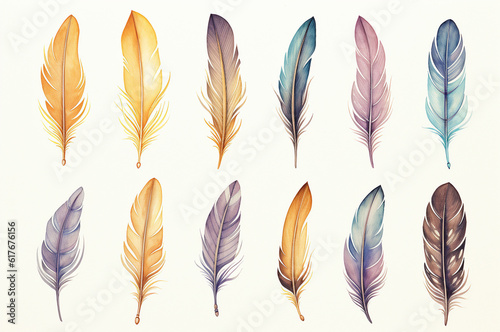 Mini set of watercolor bird feathers, boho style. Generative ai © upssallaaa
