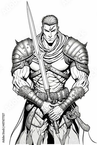 Plain White Background DD Human Fighter Epic armor and great weapon Coloring Book Page Solid Black Lines DD Art Concept Art Vector Coloring 