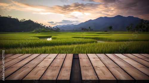 Empty wooden board with rice field , mountain and twilight sky background