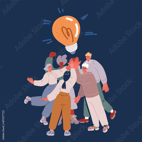 Cartoon vector illustration of Team brainstorming. Success managers team, creative people have new idea. Office staff, managers or young business startup. Friends high five