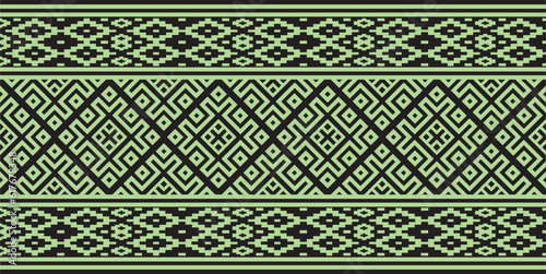 Vector green color seamless Belarusian national ornament. Ethnic endless black border, Slavic peoples frame.