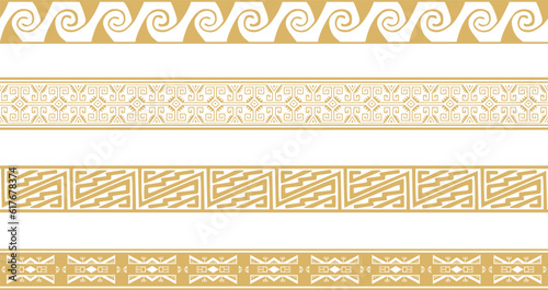 Vector set of seamless golden border ornament. Native American tribes framework. Endless patterns ethnic aztec, maya.