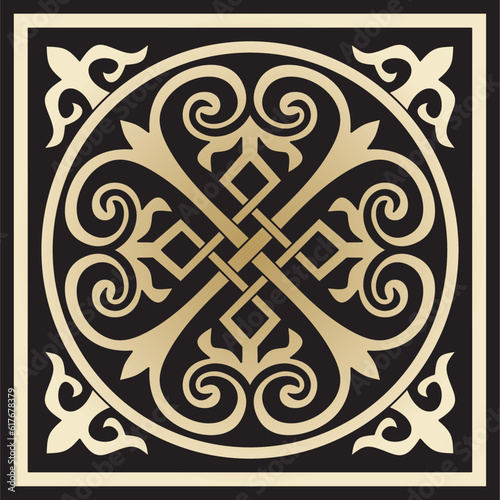 Vector golden square Byzantine ornament, knot, rosette. Circle Greek pattern, Drawing of the Eastern Roman Empire. Decoration of the Russian Orthodox Church..