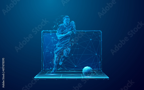 Abstract Soccer Player Runs Out of the Laptop Screen. Cybersport or Sports Betting futuristic concept. Digital Football Player on Mobile Computer in Low Poly Wireframe Style on Dark Blue Background.