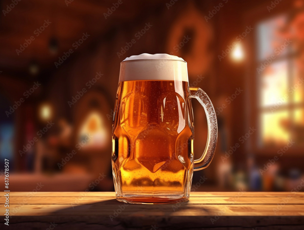 Foamy beer in large glass mug stands in local bar on Oktoberfest, Ai generated