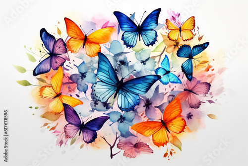 illustration of watercolor paint of butterflies  flower bloom  wild leaves  oversaturated  ink splash art background  AI generated.