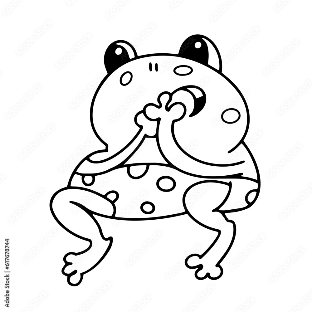 Cute funny frog for design. Drawing cartoon animal character for kids worksheet, book, game, poster. Vector illustration. Black outline drawing on white background. Cute funny frog for design. Drawing cartoon animal character for kids worksheet, book, game, poster. Vector illustration. Black outline drawing on white background.