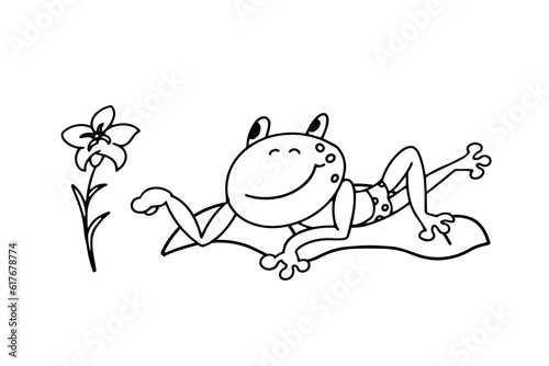 Cute funny frog for design. Drawing cartoon animal character for kids worksheet, book, game, poster. Vector illustration. Black outline drawing on white background.  