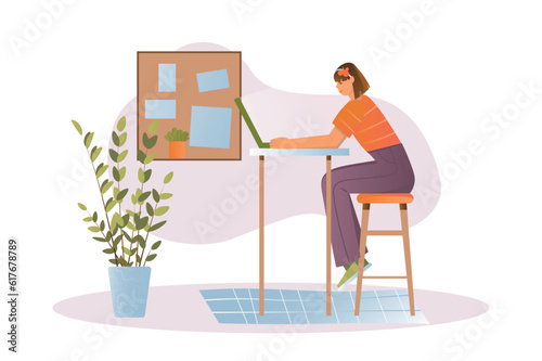 Freelance working concept with people scene in the flat cartoon design. The girl is freelancing and can work at home. Vector illustration.