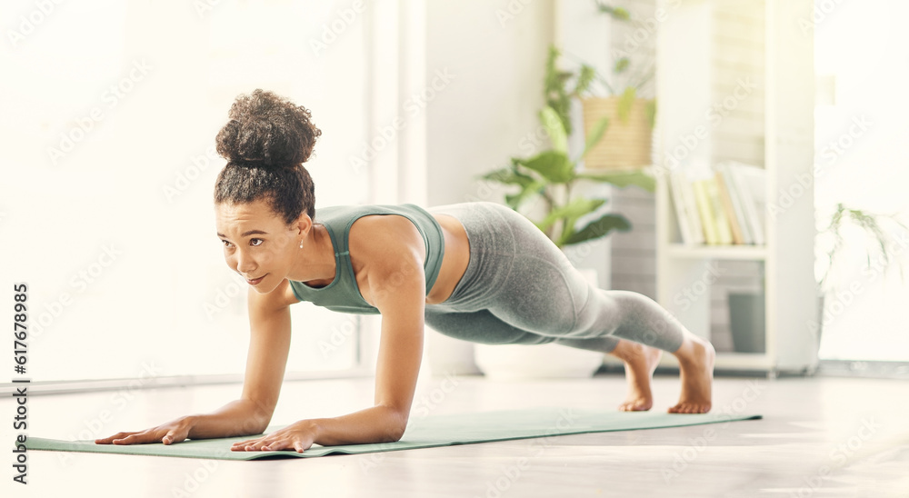 Fitness, plank and woman on a living room floor for home workout, strength and resilience training. Pilates, planking and female in strong core pose for body, challenge and performance in a lounge Fitness, plank and woman on a living room floor for home workout, strength and resilience training. Pilates, planking and female in strong core pose for body, challenge and performance in a lounge