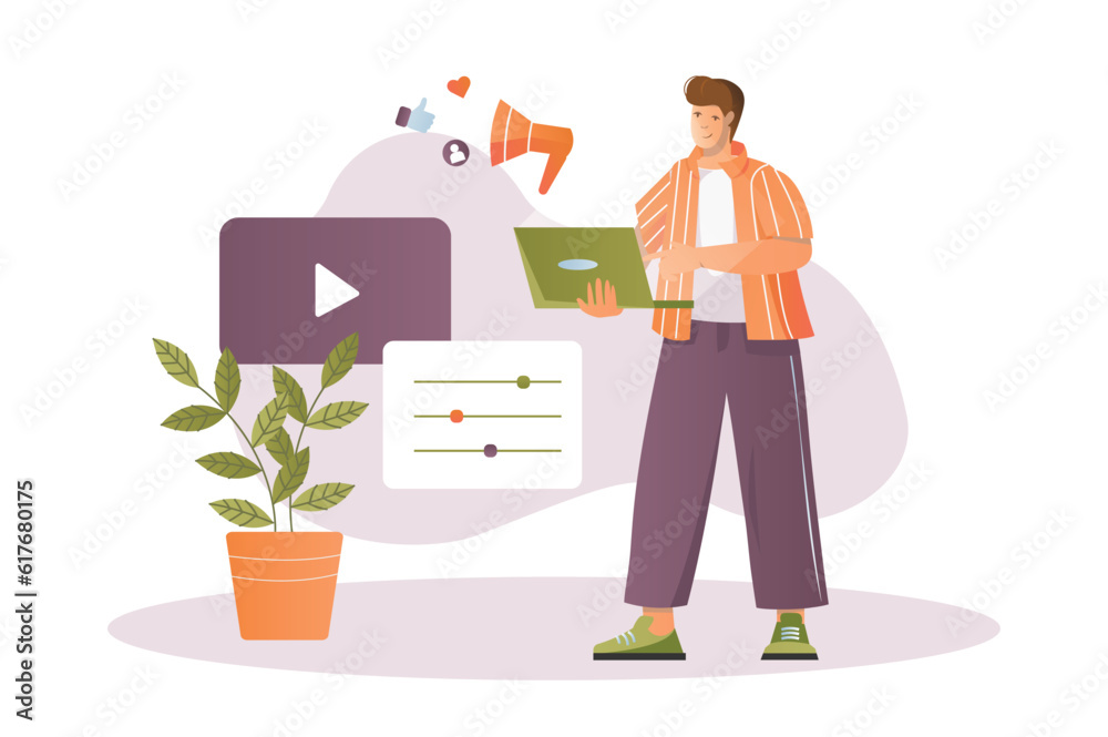 Marketing concept with people scene in the flat cartoon style. A marketer works on the promotion of products and services on the Internet. Vector illustration. Marketing concept with people scene in the flat cartoon style. A marketer works on the promotion of products and services on the Internet. Vector illustration.