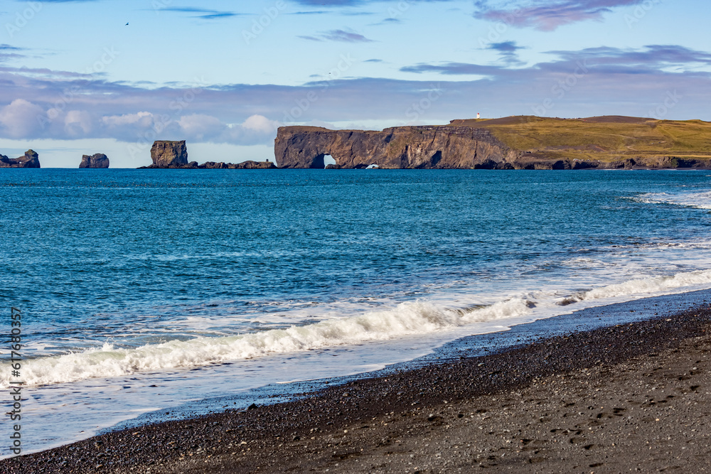 Scenery summer view of the beach of the Atlantic ocean, the Black beach near Vic in Southern Iceland