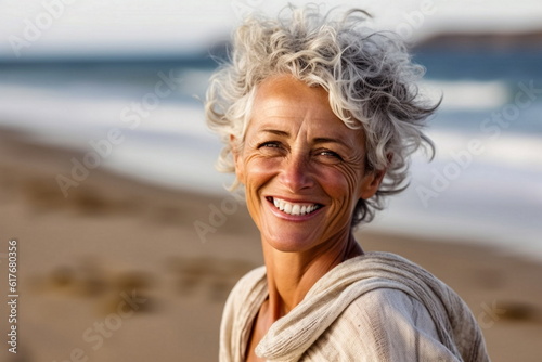 Portrait of smiling senior woman standing on beach at the day time. AI generated Illustration
