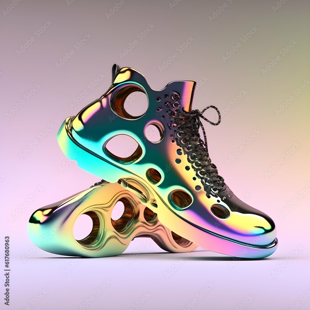 a 3D holographic smart mens shoes with holes circle chromatic object with gradient pearlescent texture glossy futuristic sculpture abstract fluid shape Modern design 3D render 
