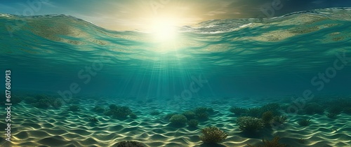 Abstract beauty of nature's underwater depths of seas. Glow of sunrise as sunlight. Meeting of sun and sea in sunset, as summer where secrets of ocean