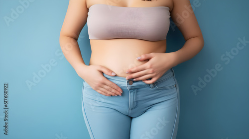chubby woman with her hand on her waist for diet concept created with Generative AI 