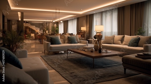 A panoramic view of a luxury living room and dining area, showcasing elegant furniture, including a sofa and an armchair,Ganerative AI