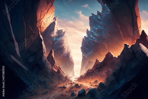 giant ground chasm magical ground fracture wide perspective panorama panoramic shot digital painting riot games sketch 