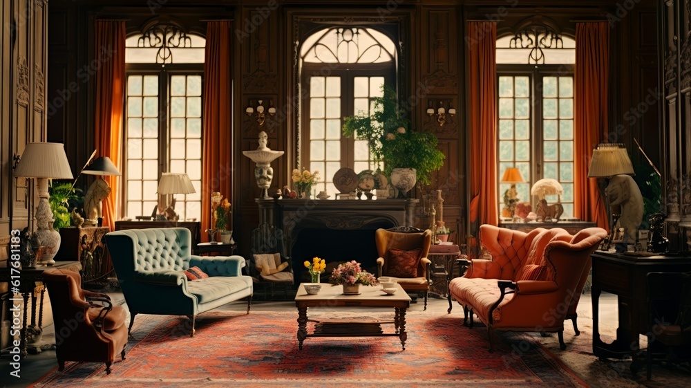 Dark victorian french mansion living room interior with fireplace and pictures generative ai ...