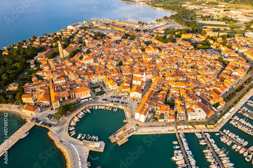 Izola townscape on the Adriatic coast of the Istrian peninsula in Slovenia. Aerial drone view