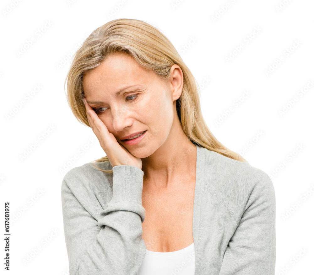 Stress, thinking and mature woman in studio with anxiety, worry and mental health crisis against white background. Depression, fear and scared female confused with mistake, headache or disaster fail Stress, thinking and mature woman in studio with anxiety, worry and mental health crisis against white background. Depression, fear and scared female confused with mistake, headache or disaster fail