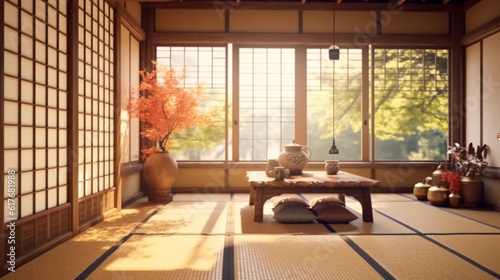 A traditional Japanese tea room interior with tatami mats, Generative AI. photo