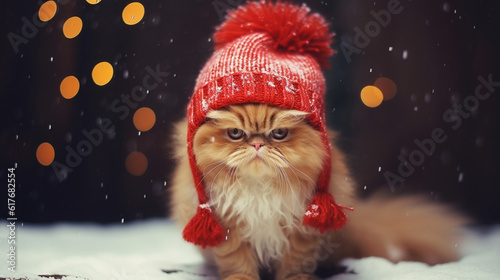 Kittens in Christmas costumes on a festive background. Happy Christmas background. Cute kitten on a Christmas background in a cute costume. AI Generative.
 photo