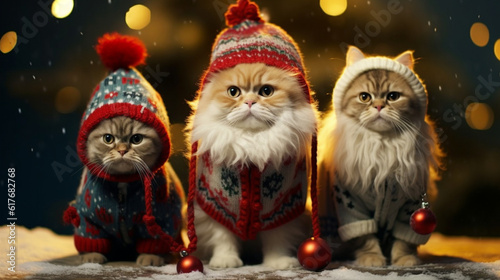 Cat in Christmas costumes on a festive background. Happy Christmas background. Cute Cat on a Christmas background in a cute costume. AI Generative.