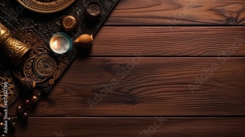 Top View of Ramadan banner concept design of Ramadan carpet and candles on wood background