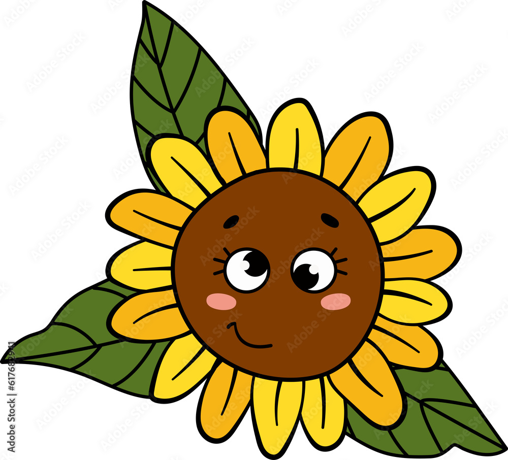 Sunflower with eyes on a white isolated background. Kawaii style.